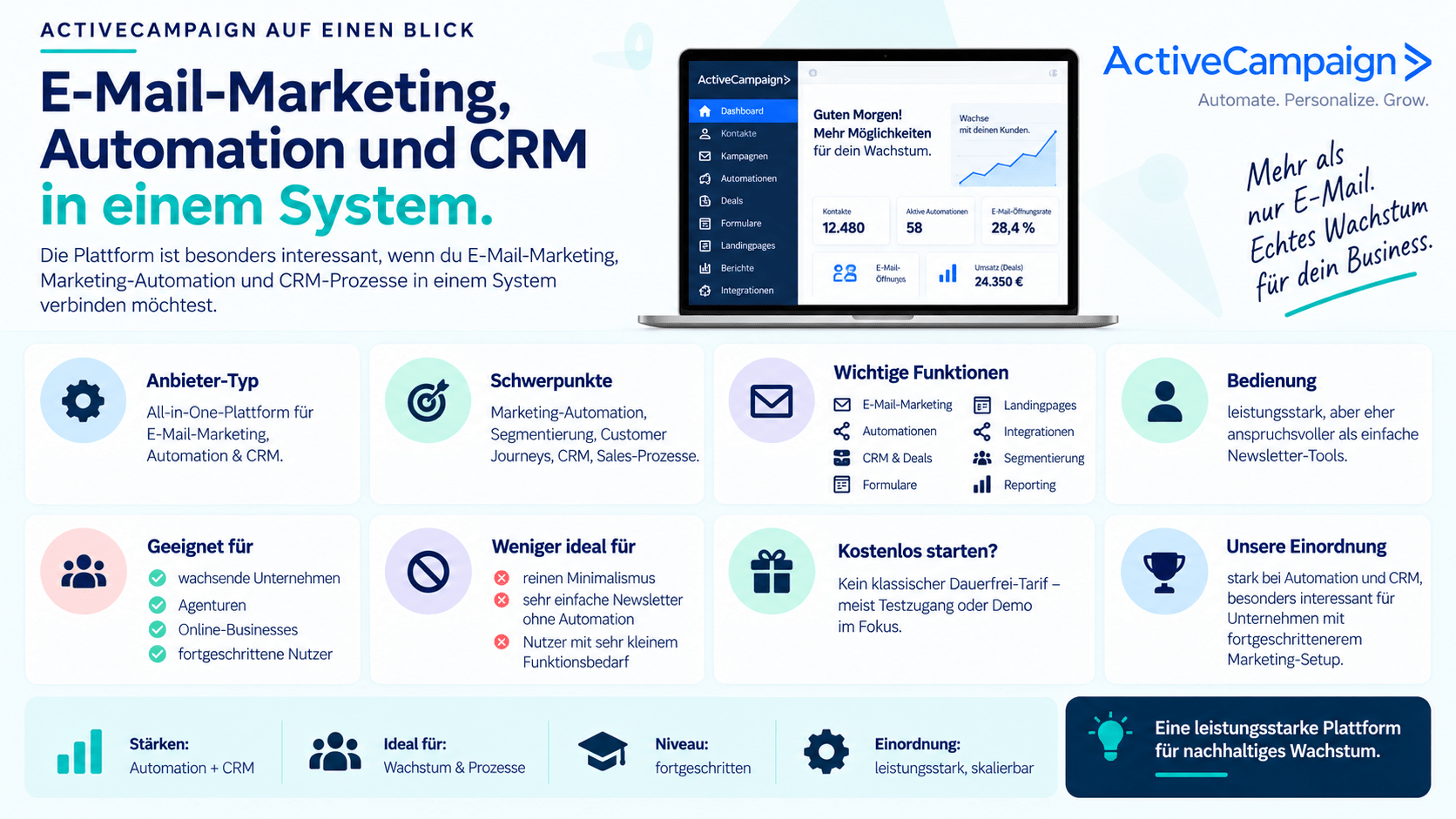 ActiveCampaign auf einen Blick mit E-Mail-Marketing, Automation und CRM
